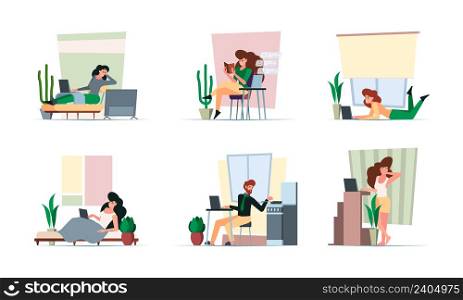 Distance work. Freelancer working at home relax persons healthy professional workflow in interior space vector people laptop and computer printing. Illustration of home freelance distance. Distance work. Freelancer working at home relax persons healthy professional workflow in interior space garish vector people laptop and computer printing