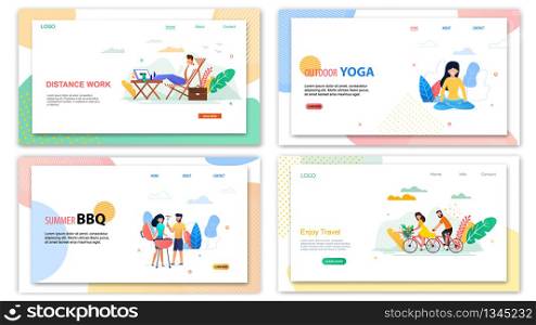 Distance Work Outdoor Yoga. Summer BBQ Enjoy Travel Banner Set. Cartoon People Ride Bicycle Vacation Trip Vector Illustration. Woman Meditate Man Freelancer Relax. Barbeque Picnic Party. Distance Work Outdoor Yoga Summer BBQ Enjoy Travel