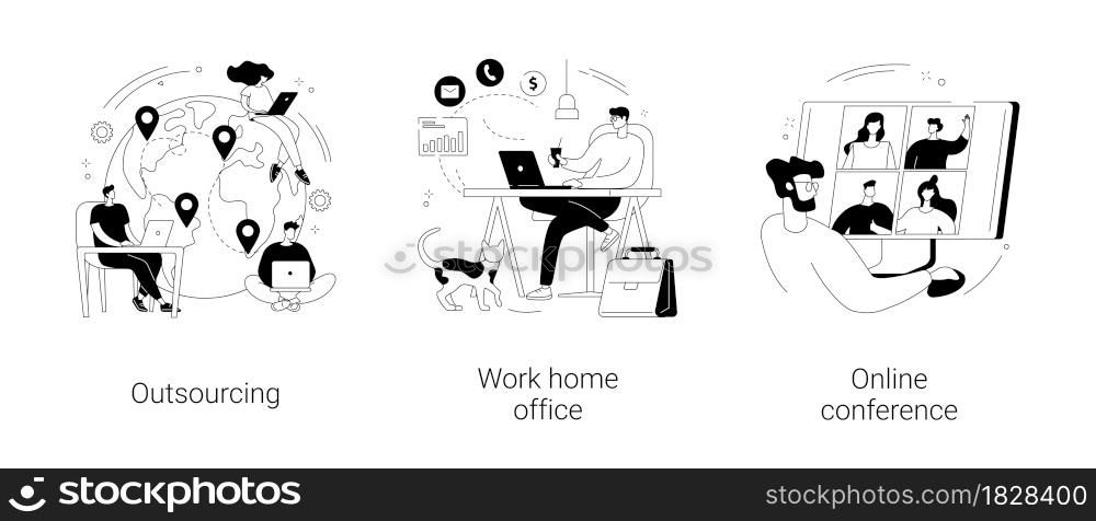 Distance working abstract concept vector illustration set. Outsourcing, work home office, online conference, freelance job, team digital meeting, IT business, internet platform abstract metaphor.. Distance working abstract concept vector illustrations.