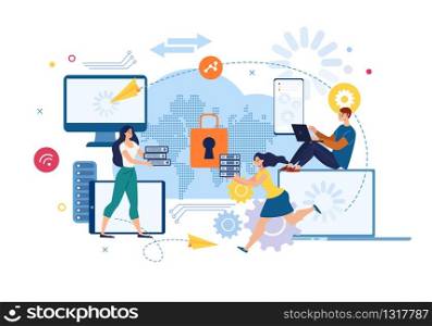 Distant Access to Business Data, Cloud Service for Business Team Remote Work Trendy Flat Vector Concept. Businesspeople Sending Information to Colleagues, Saving Data in Online Storage Illustration