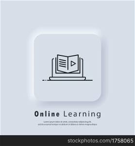 Distant education, e-books icon.Online education or distance exam banner. Course e-learning from home, online studying. Vector. UI icon. Neumorphic UI UX white user interface web button. Neumorphism