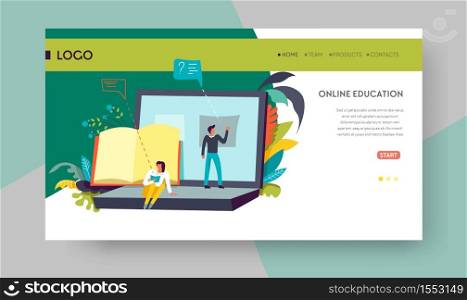 Distant online education start learning web page template vector book or textbook and laptop Internet site service graduation receiving knowledge studying subjects or personal development courses. Online education web page template distant learning
