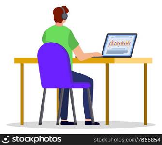 Distant online education, student learning through laptop, isolated character vector. Studying materials, Internet site, graduation and receiving knowledge. Personal development courses illustration. Online Education Concept, Man Learning at Laptop