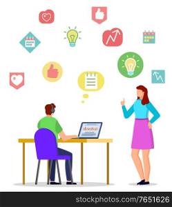 Distant online education, student learning through laptop, teacher and web icons isolated character vector. Studying materials, teaching and studying. Knowledge and development courses illustration. Online Education, Student Learning through Laptop