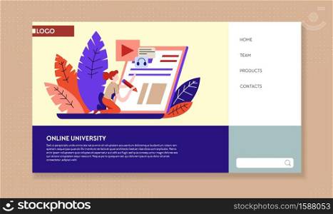 Distant online education, student writing test landing web page template vector. Tasks and questions, laptop and Internet site, knowledge studying. Personal development courses, training or learning. Student writing test, distant online education web page