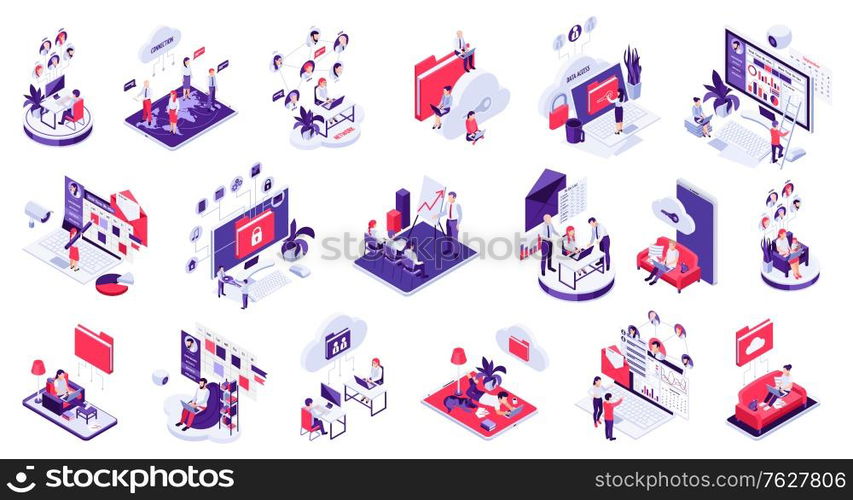 Distant remote outside office work control monitoring management telecommunication cloud data sharing isometric icons set vector illustration