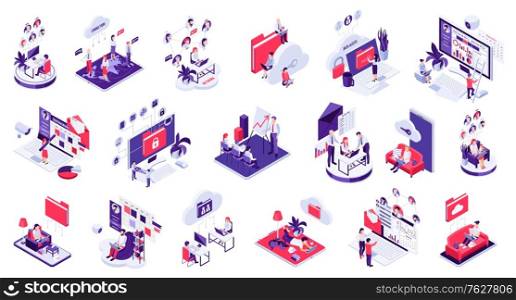 Distant remote outside office work control monitoring management telecommunication cloud data sharing isometric icons set vector illustration