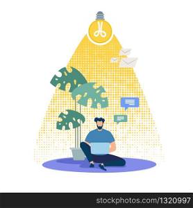 Distant Work and Education Flat Vector Concept. Man Sitting on Floor, Working on Laptop, Messaging Online, Chatting in Social Network, Freelancer Communicating, Sharing Ideas with Client Illustration