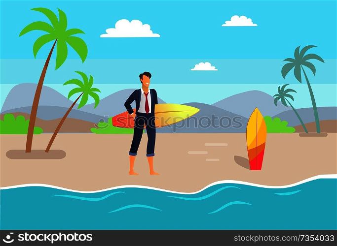 Distant work at seaside man smiling and holding surfboard, freelancer wear business suit going to swim in sea, coastline with palm trees vector freelance. Distant Work and Seaside, Vector Illustration