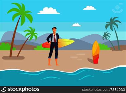 Distant work at seaside man smiling and holding surfboard, freelancer wear business suit going to swim in sea, coastline with palm trees vector freelance. Distant Work and Seaside, Vector Illustration