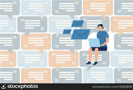 Distant Work, Communication in Social Network, Mass Mailing and Spam, Client Support Flat Vector Concept. Man Sitting with Laptop on Knees, Working Online, Messaging, Mailing in Internet Illustration
