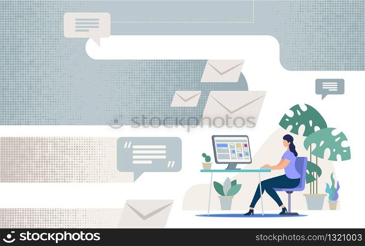 Distant Work in Internet Flat Vector Concept. Businesswoman Sitting at Desk with Computer Monitor, Messaging, Mailing with Colleagues or Partner Online, Communicating in Social Network Illustration