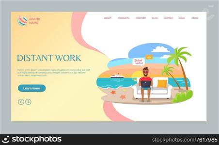 Distant work, man sitting with laptop on sofa, freelancer on beach, palmtree and sea. Portrait view of male working with computer, summertime frelance vector. Man Working with Laptop, Freelancer Web Vector