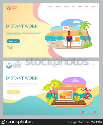 Distant work of freelancer sitting on sofa and working with laptop, sunset image, palm trees and ocean view, summertime online job on beach vector. Website or webpage template, landing page flat style. Distant Work with Laptop On Beach, Summer Vector