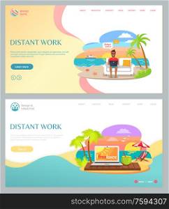 Distant work of freelancer sitting on sofa and working with laptop, sunset image, palm trees and ocean view, summertime online job on beach vector. Website or webpage template, landing page flat style. Distant Work with Laptop On Beach, Summer Vector