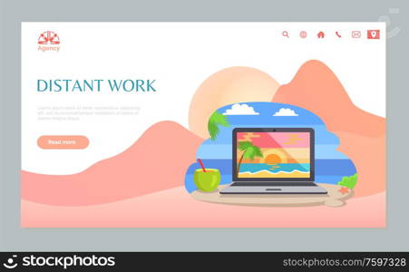 Distant work webpage decorated by opening laptop with sunset image, cocktail and palm tree, wireless device and starfish on sand, summertime vector. Website template, landing page flat style. Laptop on Sand, Distant Work on Beach Web Vector