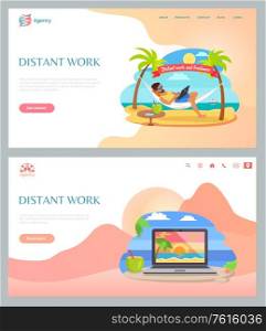 Distant work webpage, man lying on hammock with opening laptop, sunset image, palm trees and ocean view, summertime freelancer on beach, business vector. Website template, landing page flat style. Summertime Business, Freelancer on Beach Vector