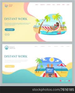Distant work webpage woman lying on hammock with laptop, person using computer on chaise lounge, ocean view, freelancer and summertime job set vector. Website template, landing page flat style. People Working with Laptop on Beach, Summer Vector