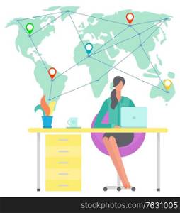 Distant worker vector, woman working on laptop character with computer. Female sitting by table with gadget, world map locations points. Multinational team. Connect business from different countries. International Business at Home, Freelancer Distant