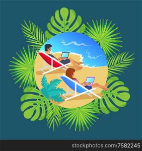 Distant workers sitting in hammocks vector. Professional experts workplace at seaside, seascape and beach. Monstera leaves and palm trees in frame. Freelancer Working at Beach, People in Chairs