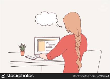 Distant working, online communication, freelance concept. Young woman entrepreneur or freelancer sitting with laptop and working at home with business reports and online translating illustration . Distant working, online communication, freelance concept