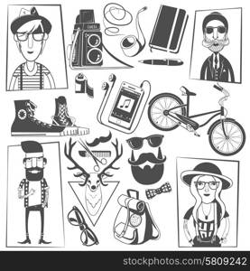 Distinctively dressed young man and women hipsters with vintage camera black symbols composition print abstract vector illustration. Hipster black icons composition print