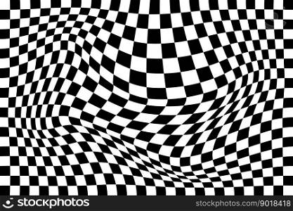 Distorted chequered chessboard background. Vaporing, stretching, deeping effect. Psychedelic pattern with warped black and white squares. Race flag texture. Trippy checkerboard. Vector illustration. Distorted chequered chessboard background. Vaporing, stretching, deeping effect. Psychedelic pattern with warped black and white squares. Race flag texture. Trippy checkerboard