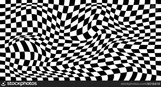 Distorted chess board background. Checkered optical illusion. Psychedelic pattern with warped black and white squares. Race flag texture. Trippy checkerboard surface. Vector illustration. Distorted chess board background. Checkered optical illusion. Psychedelic pattern with warped black and white squares. Race flag texture. Trippy checkerboard surface