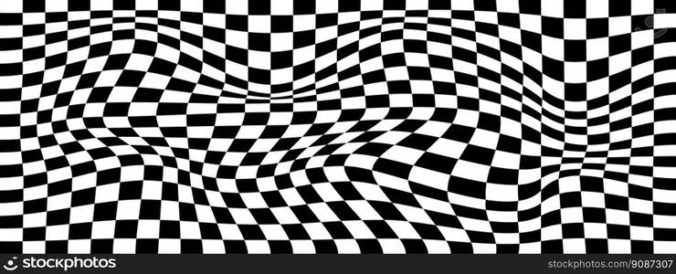 Distorted chessboard background. Psychedelic pattern with black and white squares. Warped race flag texture. Trippy checkerboard surface. Checkered optical illusion. Vector flat illustration. Distorted chessboard background. Psychedelic pattern with black and white squares. Warped race flag texture. Trippy checkerboard surface. Checkered optical illusion