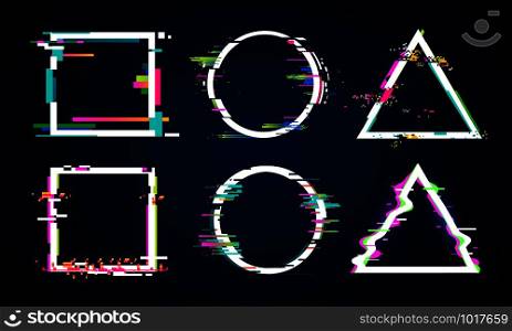 Distorted glitch frame. Glitched circle, square and triangle frames. Music distortion logo, tv distortion abstract geometry dynamic shapes. Digital noise defect vector isolated icons elements set. Distorted glitch frame. Glitched circle, square and triangle frames. Music distortion logo vector elements set