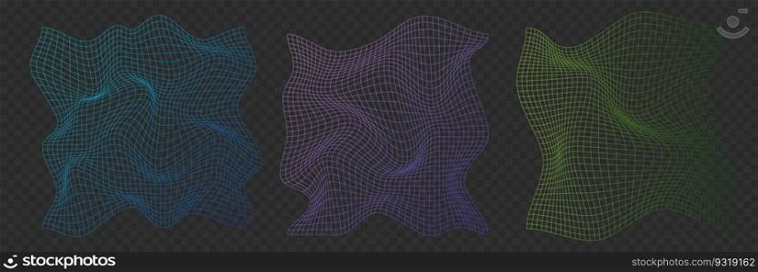 Distorted neon grid pattern. Warped mesh texture. Retro punk design elements. Wireframe wave geometry grid. Curved mesh elements. Vector illustration
