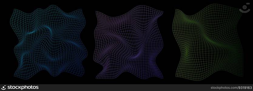 Distorted neon grid pattern. Warped mesh texture. Retro punk design elements. Wireframe wave geometry grid. Curved mesh elements. Vector illustration
