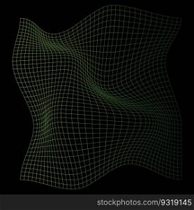 Distorted neon grid pattern. Wireframe wave geometry grid. Warped mesh texture. Curved mesh elements. Vector illustration