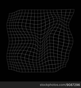 Distorted square grid. Warped mesh texture. Curvatured net. Checkered pattern deformation. Bented white lattice surface isolated on black background. Vector outline illustration. Distorted square grid. Warped mesh texture. Curvatured net. Checkered pattern deformation. Bented white lattice surface isolated on black background