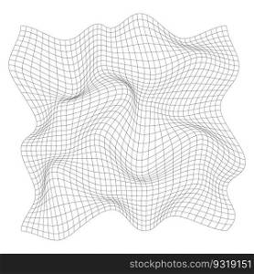 Distorted square grid. Wireframe wave geometry grid. Warped mesh texture. Curved mesh elements. Vector illustration