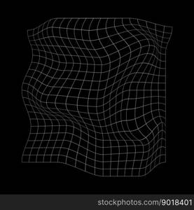 Distorted white grid isolated on black background. Warped wireframe texture. Net with curvatured effect. Checkered pattern deformation. Bented lattice surface. Vector graphic illustration. Distorted white grid isolated on black background. Warped wireframe texture. Net with curvatured effect. Checkered pattern deformation. Bented lattice surface