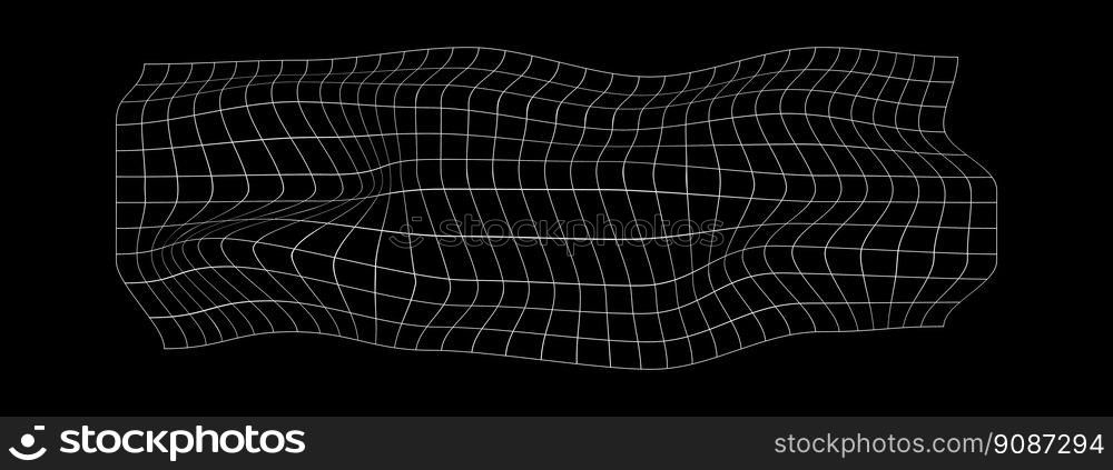 Distorted whiye horizontal grid on black background. Warped mesh texture. Curvatured net. Checkered pattern deformation. Bented lattice surface. Vector outline illustration. Distorted whiye horizontal grid on black background. Warped mesh texture. Curvatured net. Checkered pattern deformation. Bented lattice surface