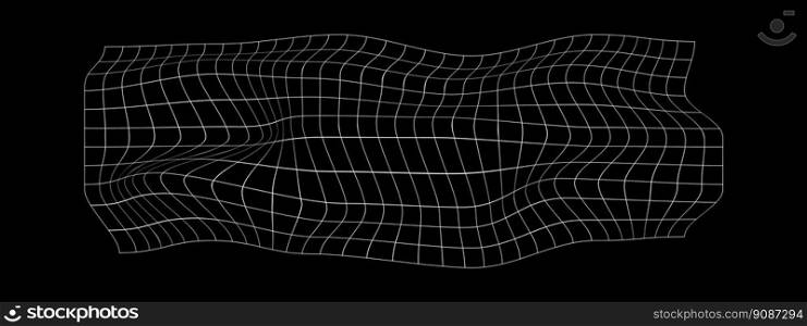 Distorted whiye horizontal grid on black background. Warped mesh texture. Curvatured net. Checkered pattern deformation. Bented lattice surface. Vector outline illustration. Distorted whiye horizontal grid on black background. Warped mesh texture. Curvatured net. Checkered pattern deformation. Bented lattice surface