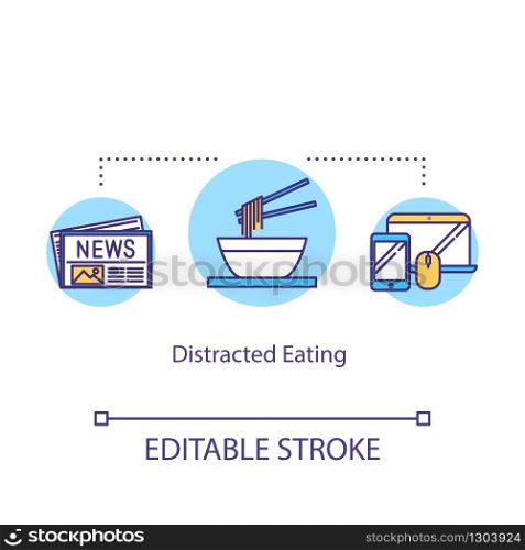 Distracted eating concept icon. Conscious nutrition idea thin line illustration. Paying attention to meal, mindful food consumption. Vector isolated outline RGB color drawing. Editable stroke