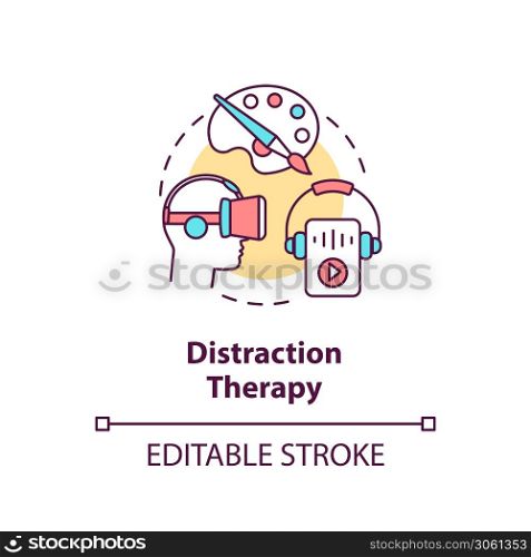 Distraction therapy concept icon. Complementary medicine, therapeutic procedures idea thin line illustration. Music and art therapy. Vector isolated outline RGB color drawing. Editable stroke. Distraction therapy concept icon