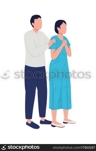 Distressed couple semi flat color vector characters. Standing figures. Full body people on white. Man hugs woman shoulders isolated modern cartoon style illustration for graphic design and animation. Distressed couple semi flat color vector characters