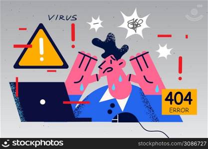 Distressed male employee work on computer frustrated with device error or virus. Anxious man worker confused with laptop spam or mistake notification. Malware and scam. Vector illustration. . Distressed man employee frustrated with computer problem