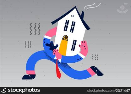 Distressed man carry house on back tightened by credit or bank loan burden. Unhappy male hold home tied by financial mortgage, need pay taxes expenses. Lease, finance concept. Vector illustration. . Tired man carry house on back