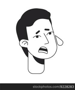 Distressed man crying flat line monochromatic vector character head. Emotional shocked guy. Editable outline avatar icon. 2D cartoon line spot illustration for web graphic design, animation. Distressed man crying flat line monochromatic vector character head