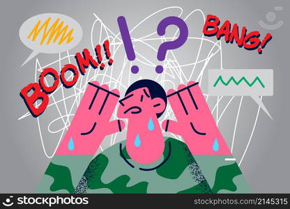 Distressed man in military uniform stressed suffer from post-traumatic stress disorder. Unhappy crying male soldier struggle with depression or anxiety after war. Mental problem. Vector illustration. . Stressed man soldier suffer from post-traumatic disorder