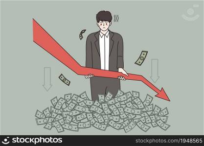 Distressed man in stack of money hold arrow facing down frustrated with business problems and failures. Unhappy businessman experience company financial crisis or bankruptcy. Vector illustration.. Unhappy businessman hold arrow facing down
