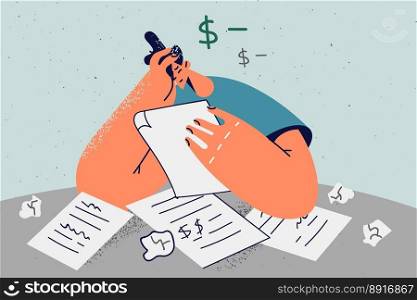 Distressed man look at paperwork and bills frustrated with debt and bankruptcy. Unhappy male confused with expenditures and expense counting budget and bills. Vector illustration. . Unhappy man distressed with debt paperwork 