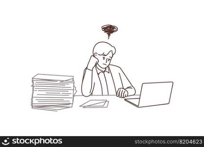 Distressed unhappy businessman sit at desk in office overwhelmed with work. Stressed male employee overwork at workplace on computer. Vector illustration. . Distressed businessman overwhelmed with office work 