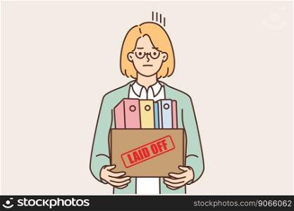 Distressed woman in glasses hold box with personal belongings fired from office. Unhappy female employee dismissed from company. Firing and dismissal. Vector illustration. . Unhappy woman with box fired from office 