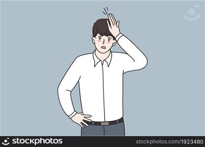 Distressed young businessman hand on head gesture have overwork or deadline at workplace. Unhappy stressed man suffer from migraine or headache. Business problem, workload. Vector illustration. . Distressed young businessman feel frustrated with workload